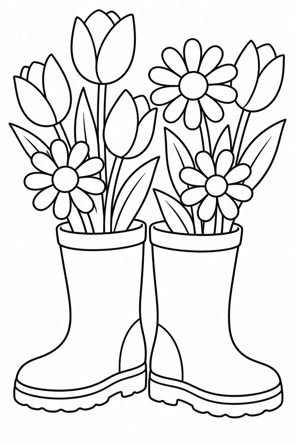 Flowers in Rain Boots printable spring flower coloring page for kids