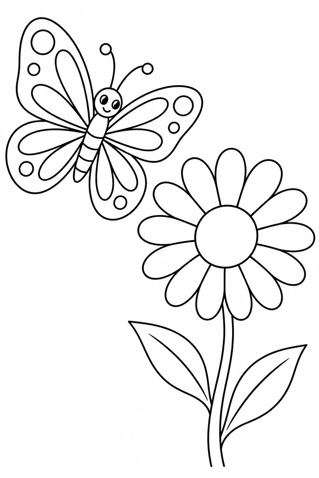 Butterfly and Daisy printable spring flower coloring page for kids