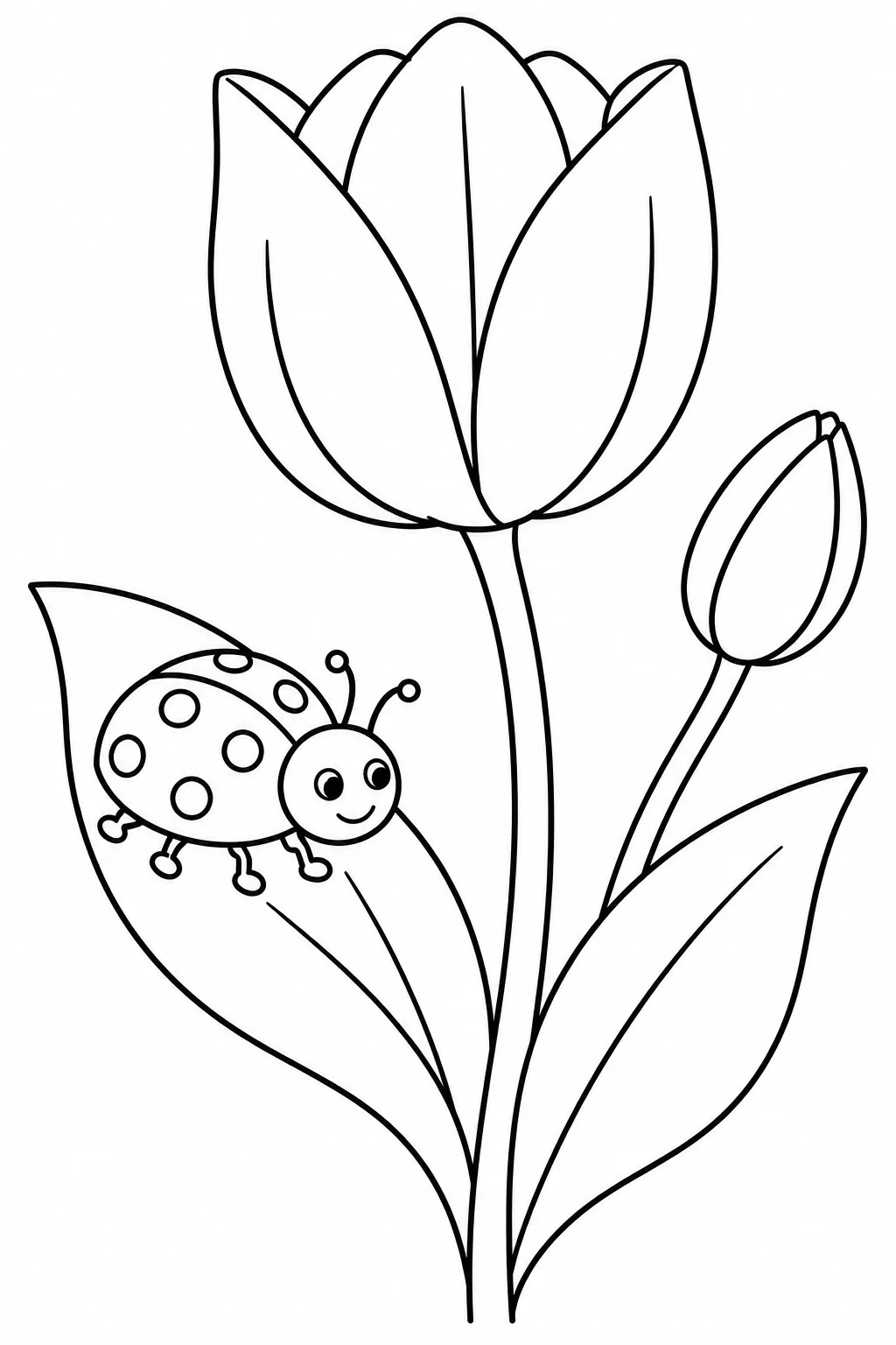Ladybug on a Tulip printable spring flower coloring page for kids