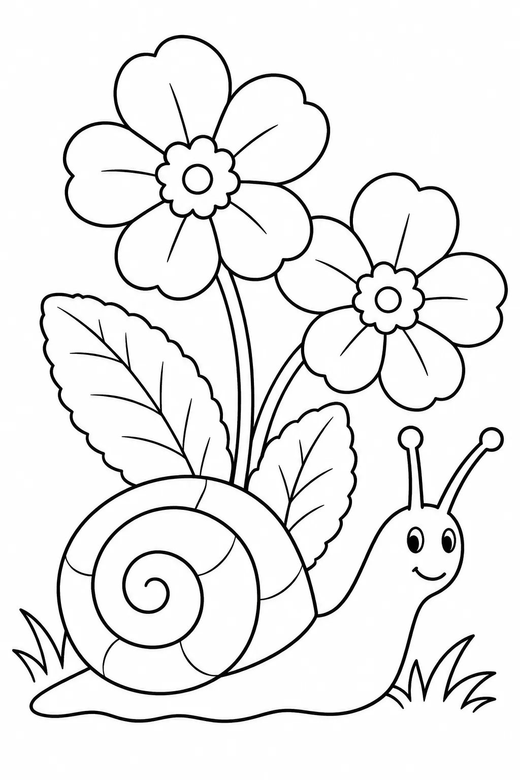 Snail by Primroses printable spring flower coloring page for kids