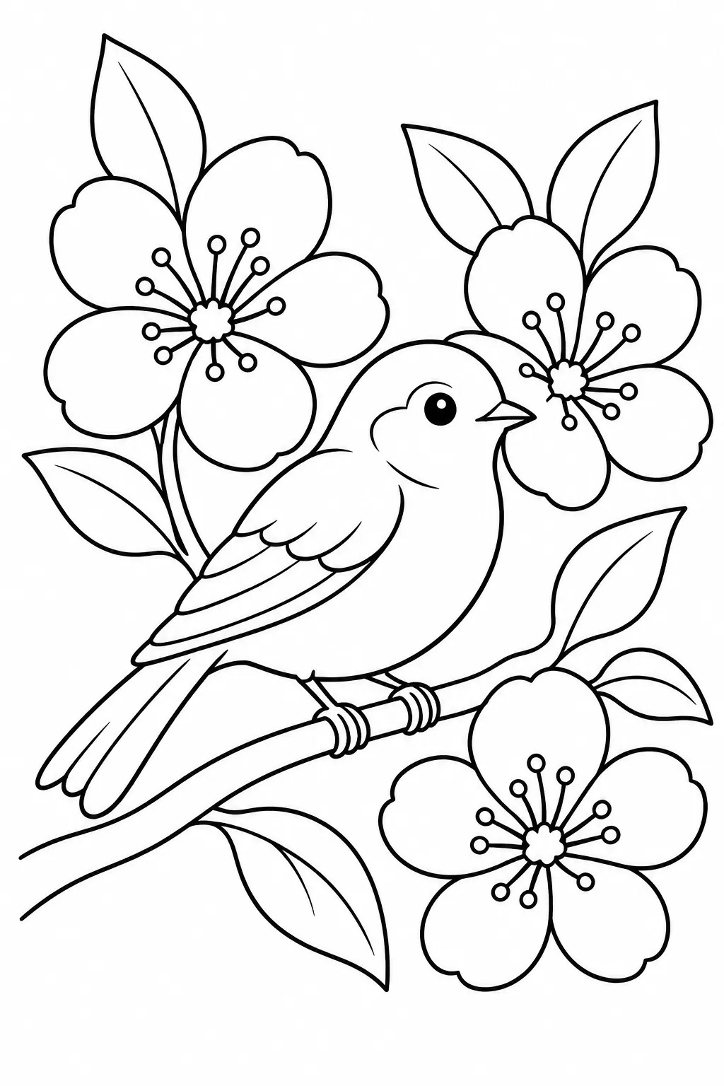 Bird in Blossoms printable spring flower coloring page for kids