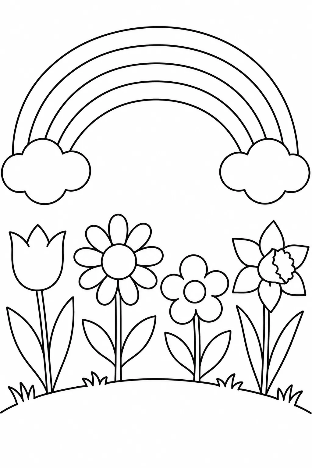 Rainbow Flower Meadow printable spring flower coloring page for kids