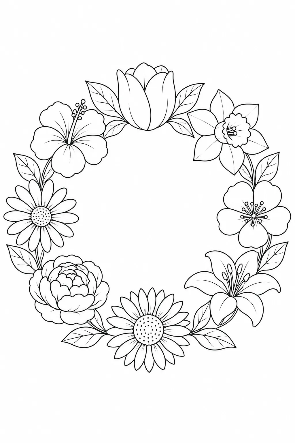 Flower Wreath printable spring flower coloring page for kids