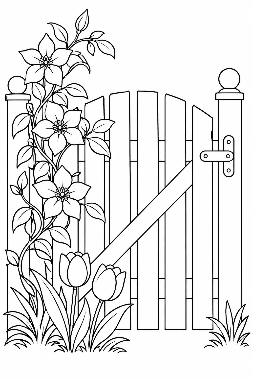 Garden Gate Blossoms printable spring flower coloring page for kids