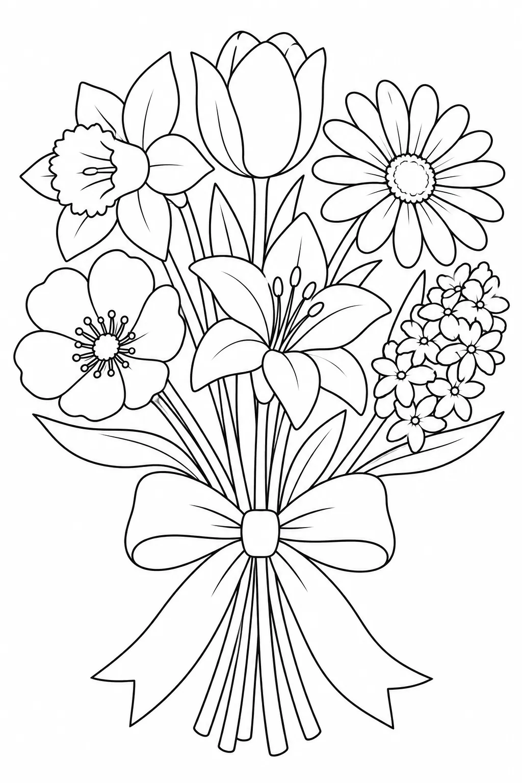 Ribbon Bouquet printable spring flower coloring page for kids