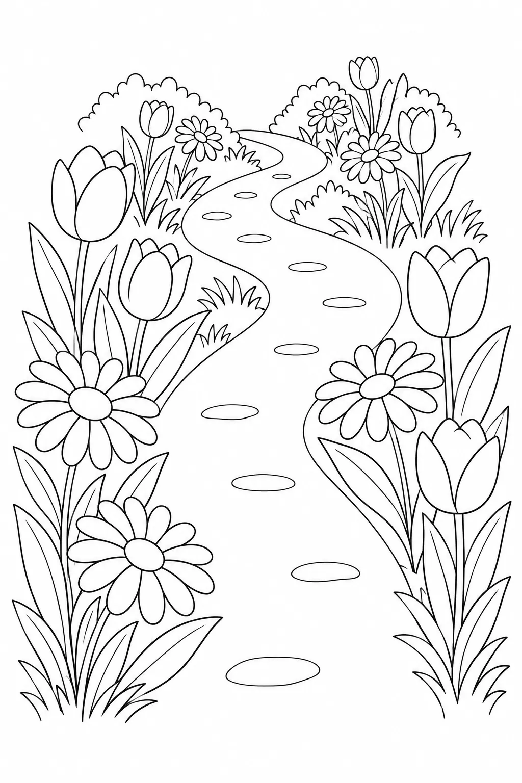 Flower Path printable spring flower coloring page for kids
