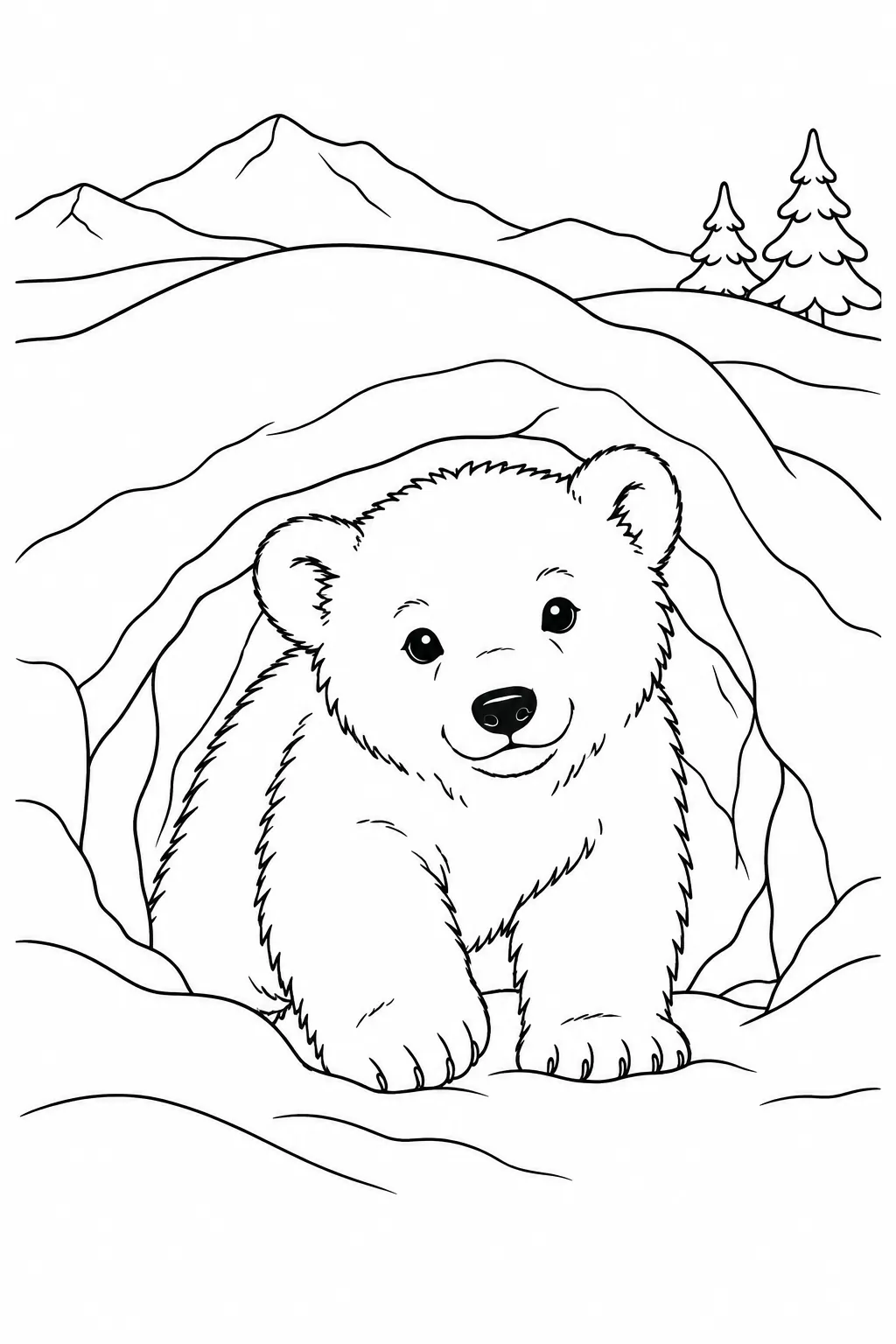 Polar Bear Cub at the Den printable winter animal coloring page
