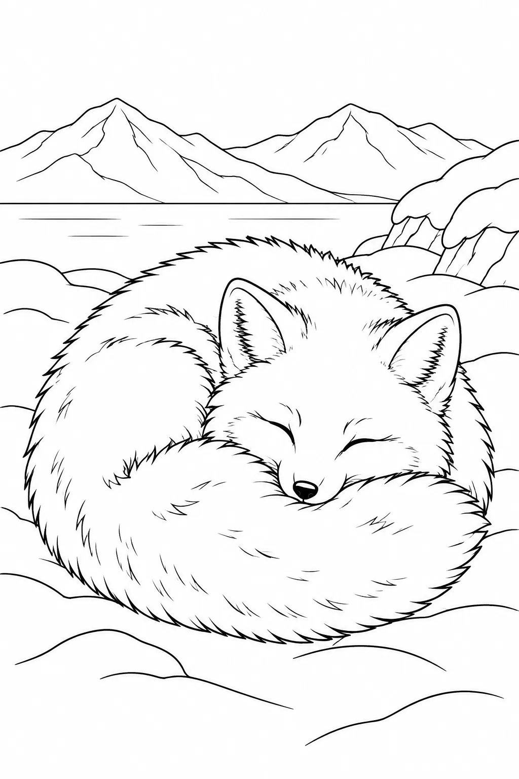 Arctic Fox Curled in Snow printable winter animal coloring page