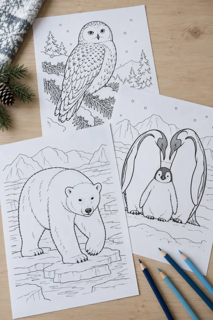 Winter animal coloring pages with polar bear penguin and snowy owl outlines on a craft table