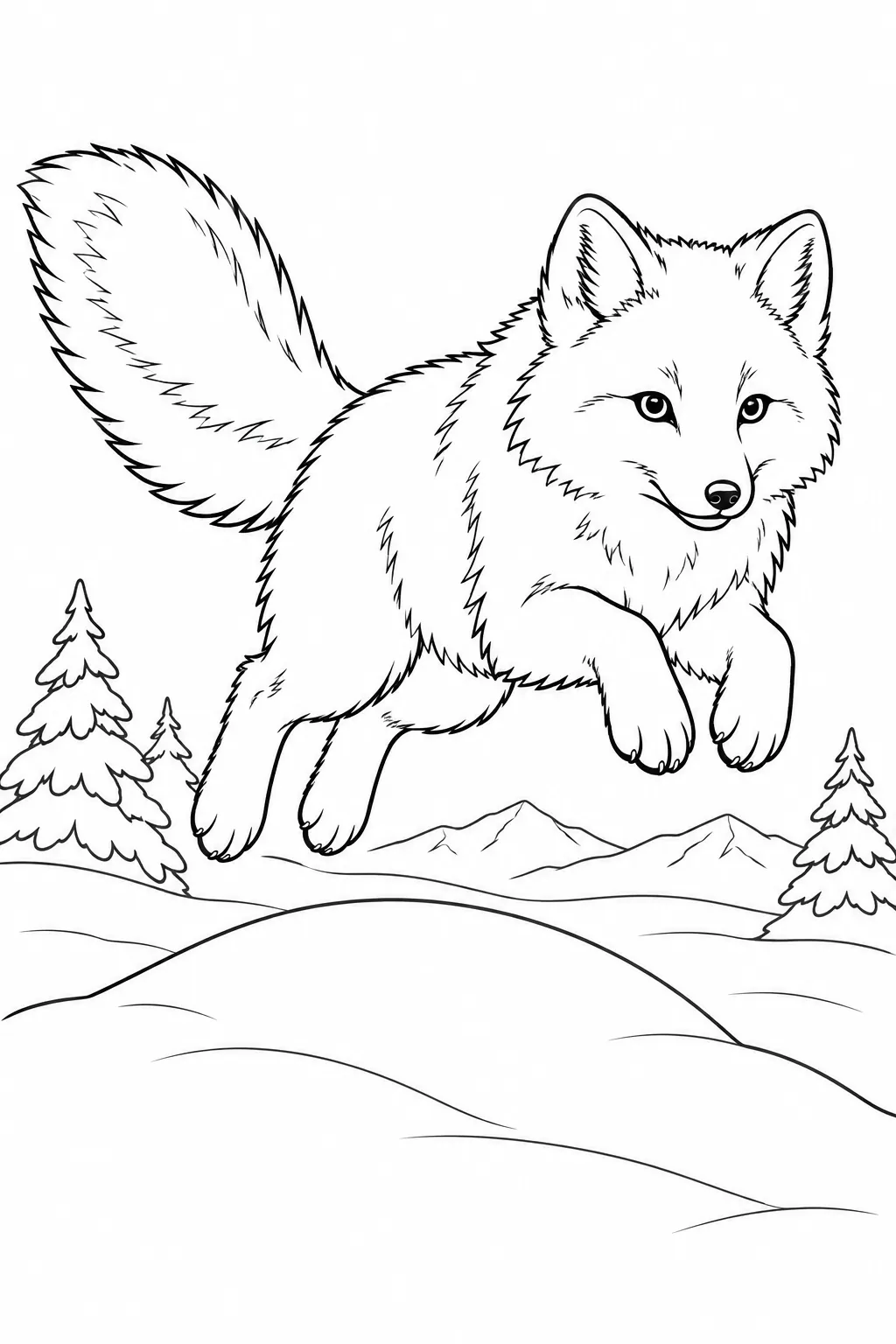 Arctic Fox Leaping Over a Drift printable winter animal coloring page