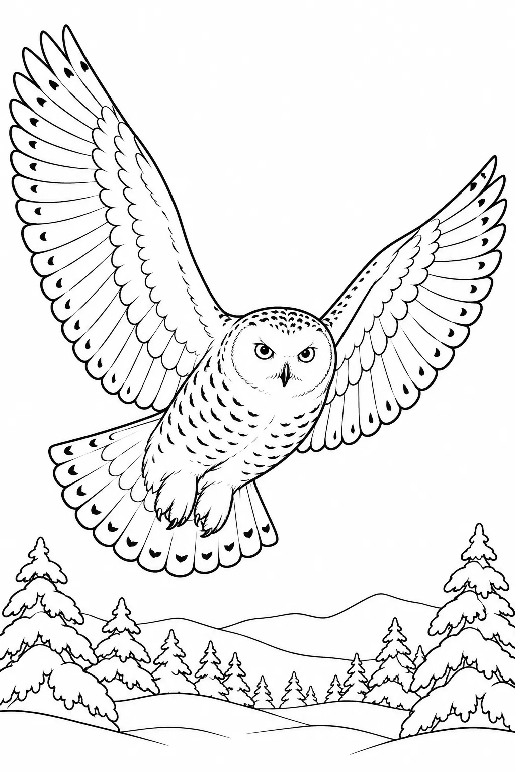 Snowy Owl in Flight printable winter animal coloring page