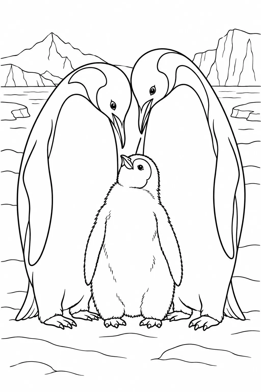 Penguin Family Huddle printable winter animal coloring page