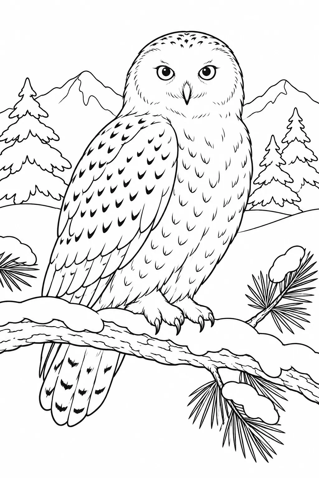Snowy Owl on a Pine Branch printable winter animal coloring page