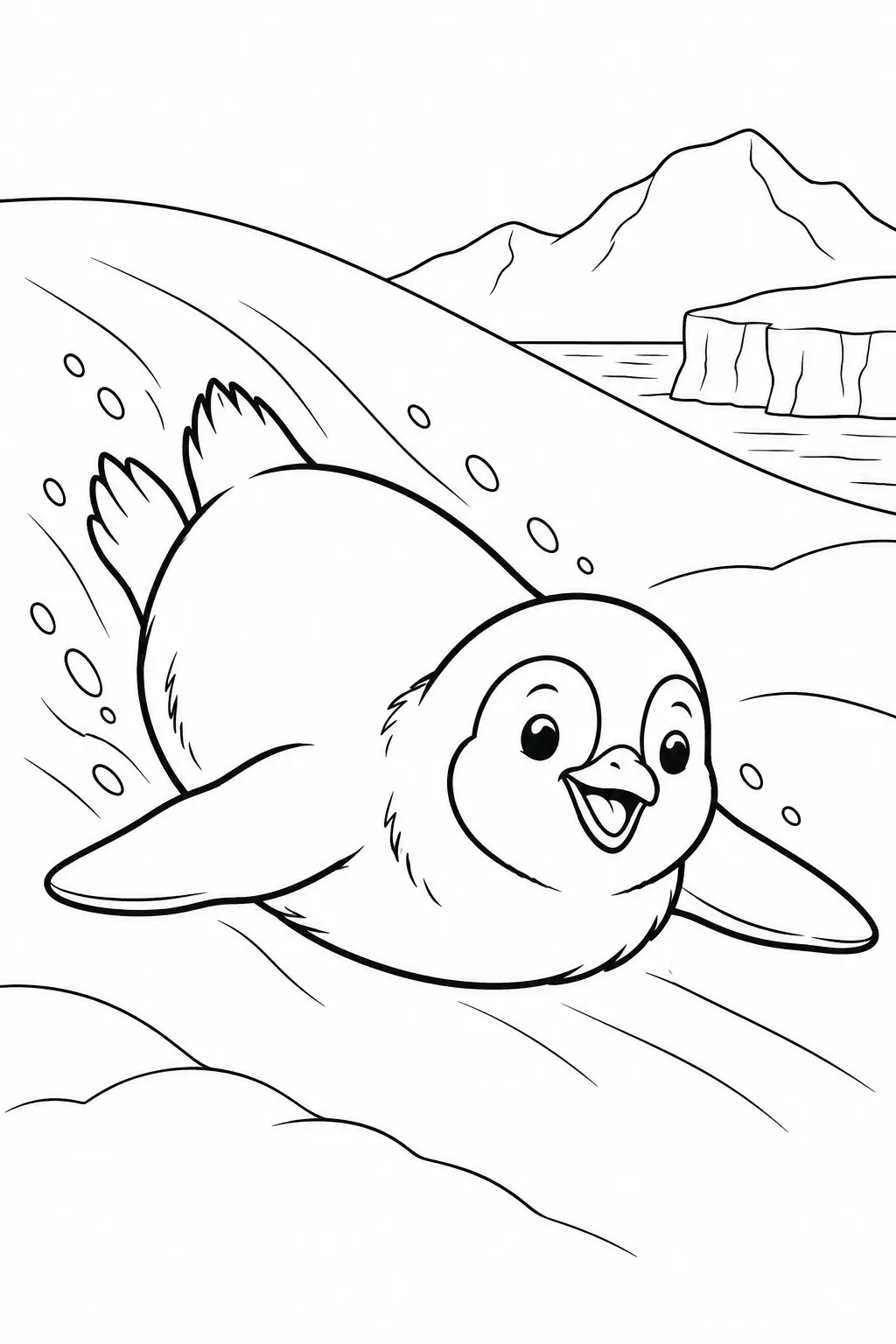 Penguin Sliding on Snow printable winter animal coloring page
