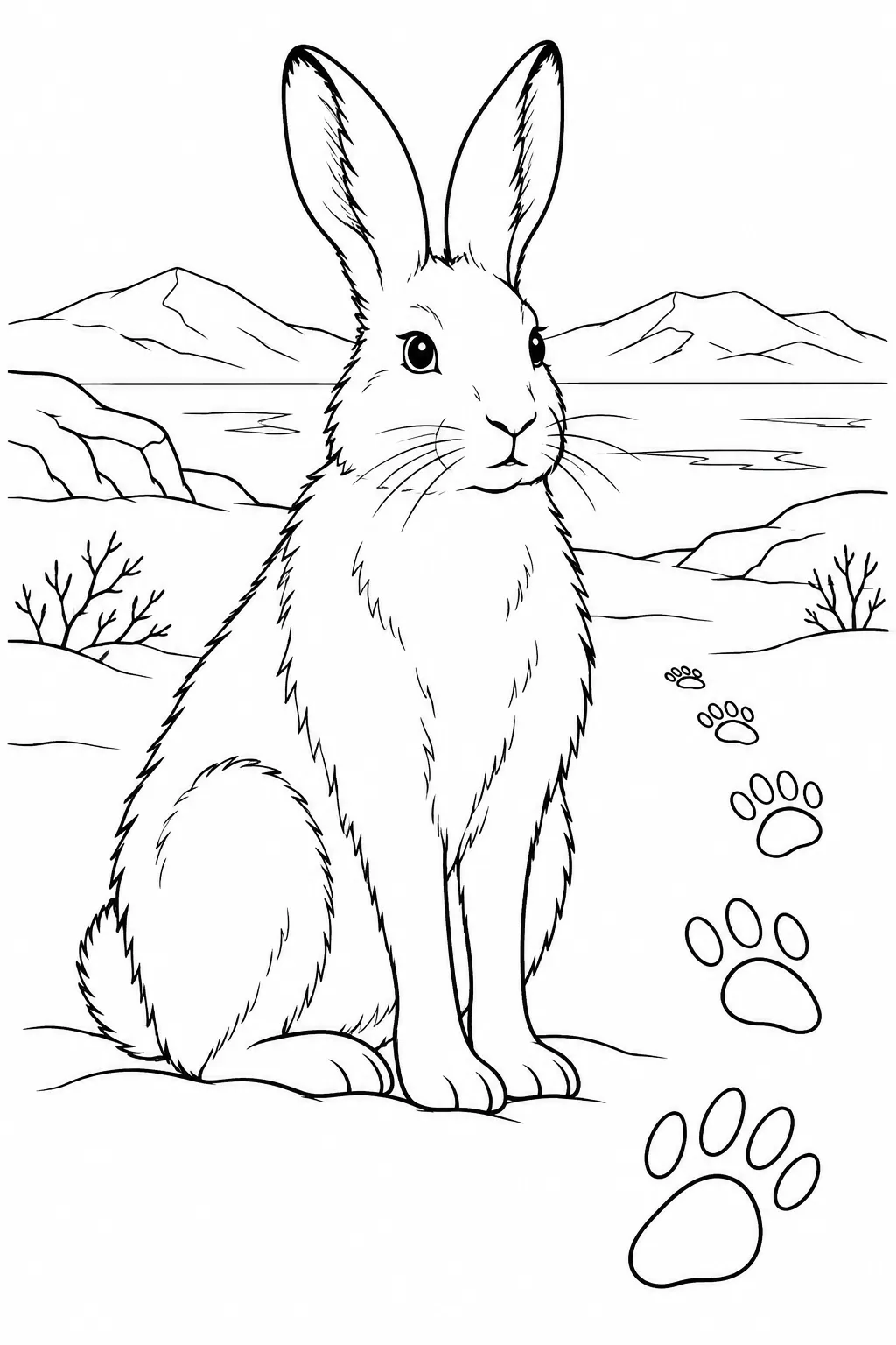 Arctic Hare and Footprints printable winter animal coloring page