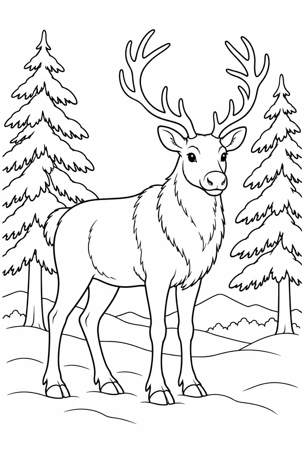 Reindeer Beneath Fir Trees printable winter animal coloring page
