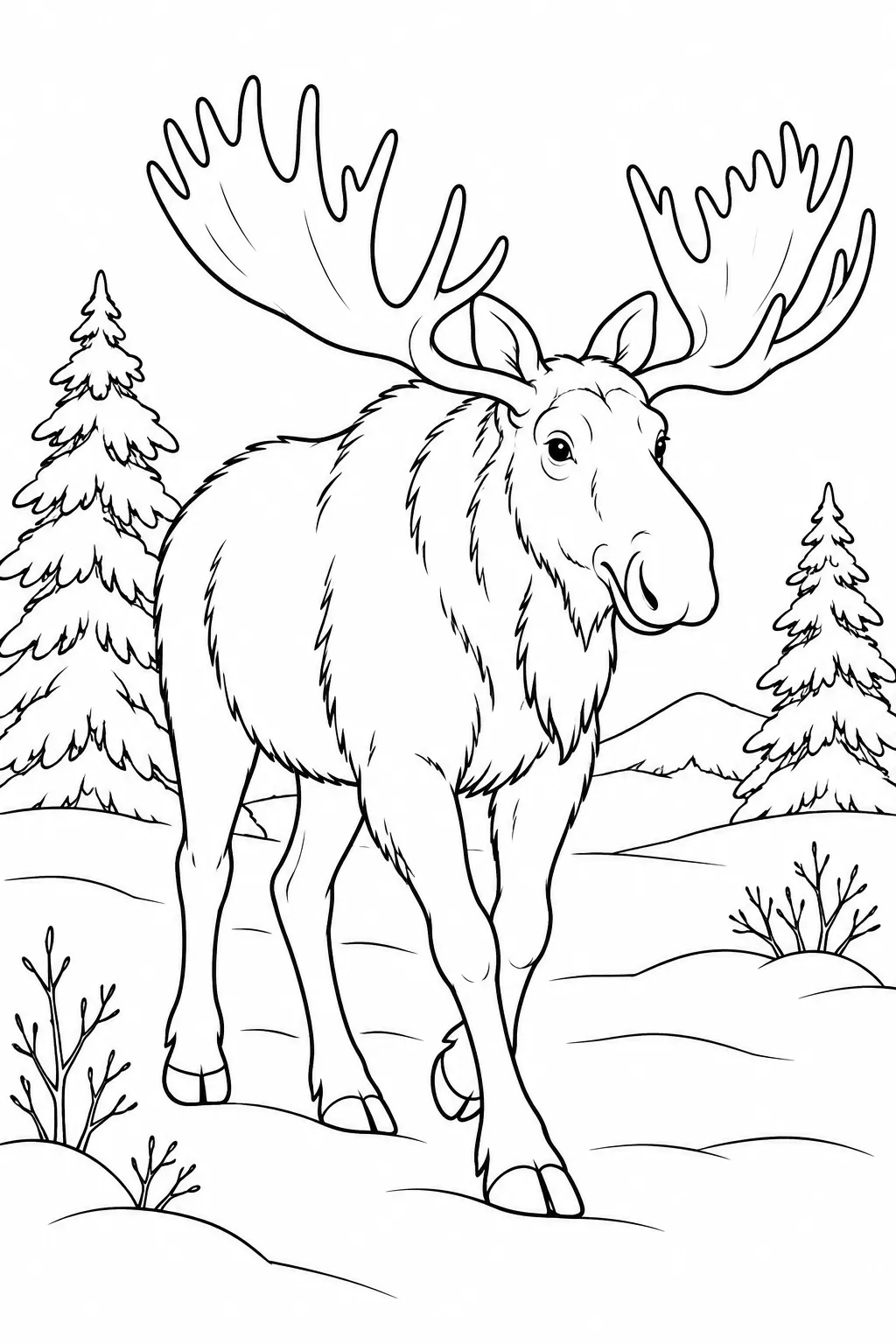 Moose in a Snowy Clearing printable winter animal coloring page