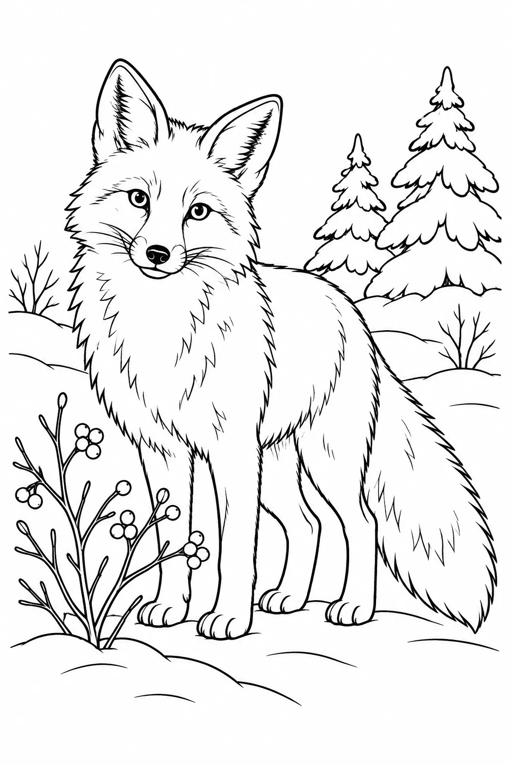 Red Fox Beside Winter Berries printable winter animal coloring page