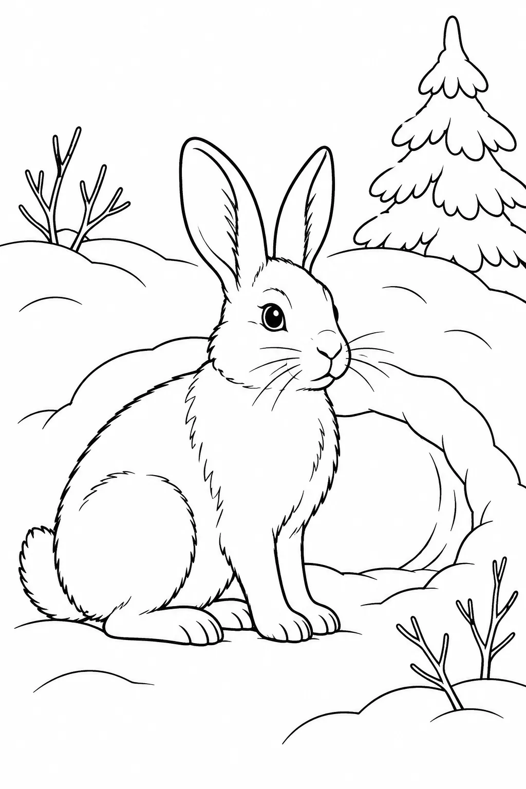 Rabbit Near a Snow Burrow printable winter animal coloring page