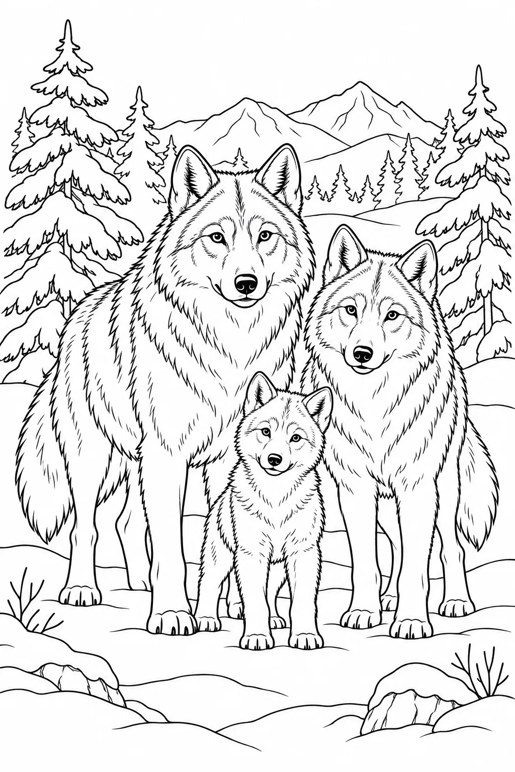 Wolf Family in the Pines printable winter animal coloring page