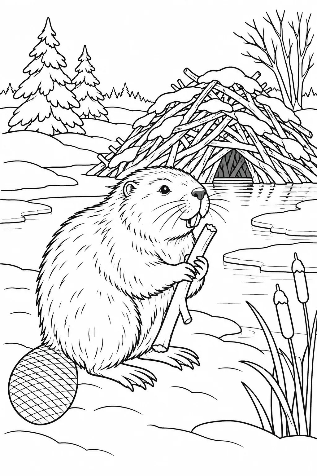 Beaver Beside Its Lodge printable winter animal coloring page