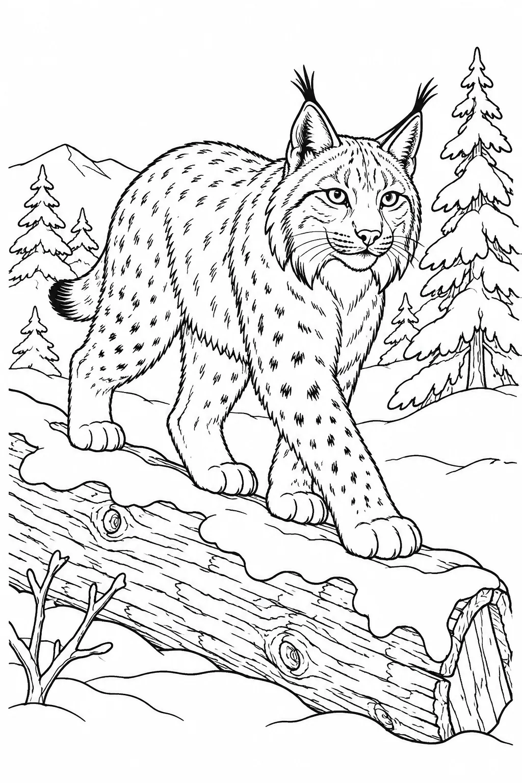 Lynx on a Fallen Log printable winter animal coloring page