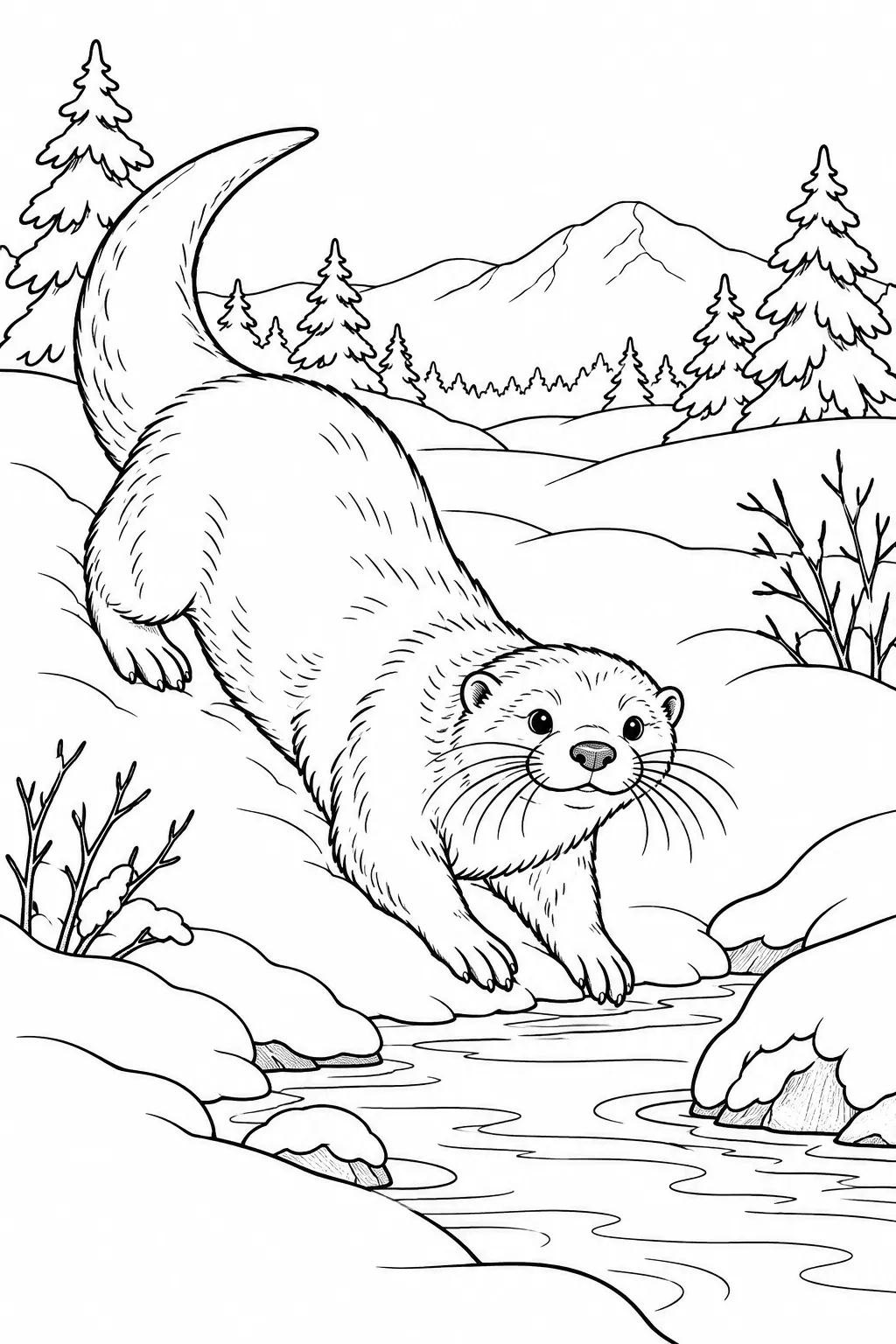 Otter at the Winter River printable winter animal coloring page