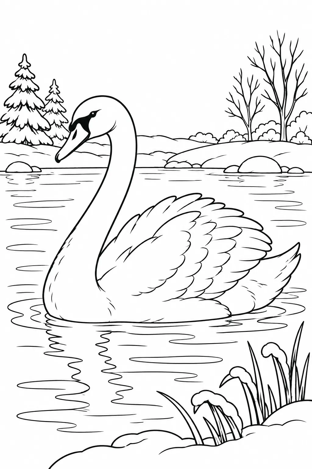 Swan on a Cold Pond printable winter animal coloring page
