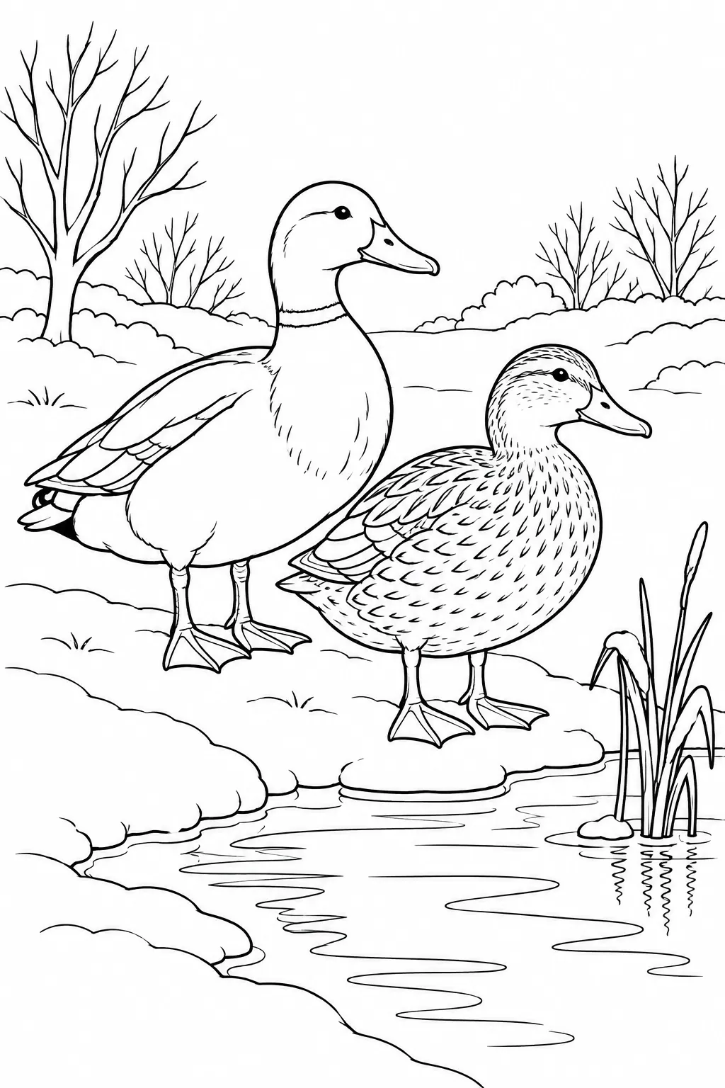 Ducks at the Pond Edge printable winter animal coloring page