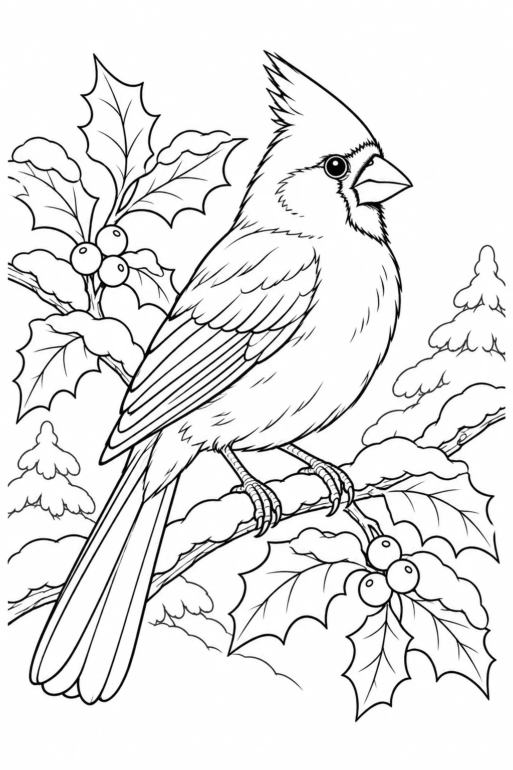 Cardinal in Snowy Holly printable winter animal coloring page
