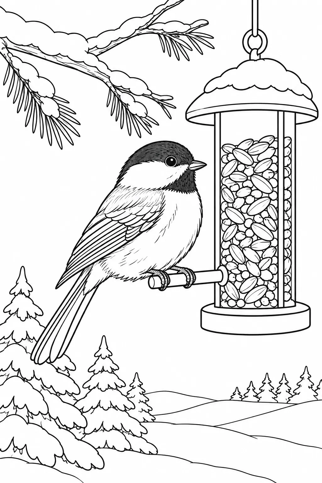 Chickadee at a Feeder printable winter animal coloring page