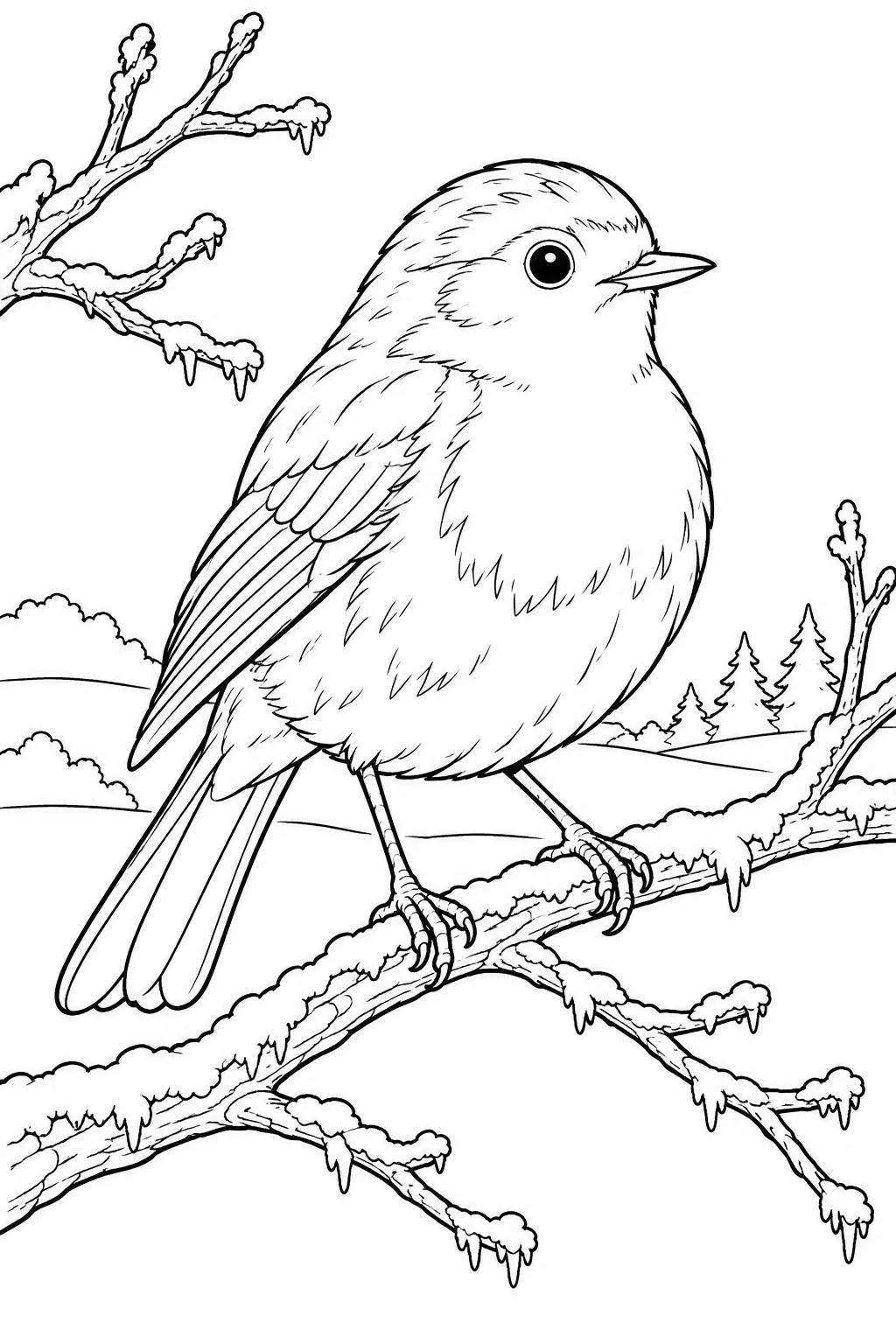 Robin on a Frosted Branch printable winter animal coloring page