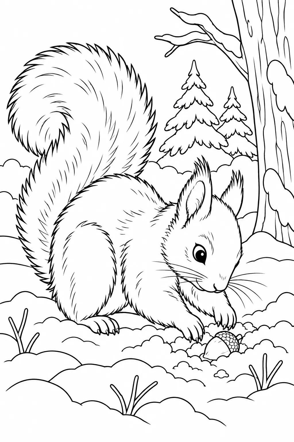 Squirrel Finding a Hidden Nut printable winter animal coloring page