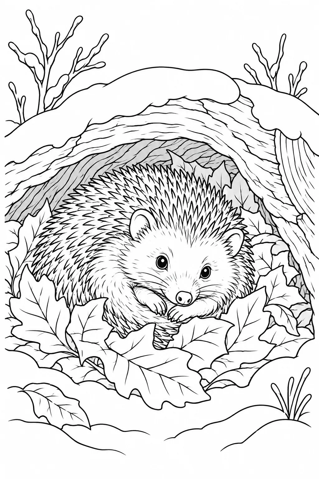 Hedgehog in a Leaf Nest printable winter animal coloring page