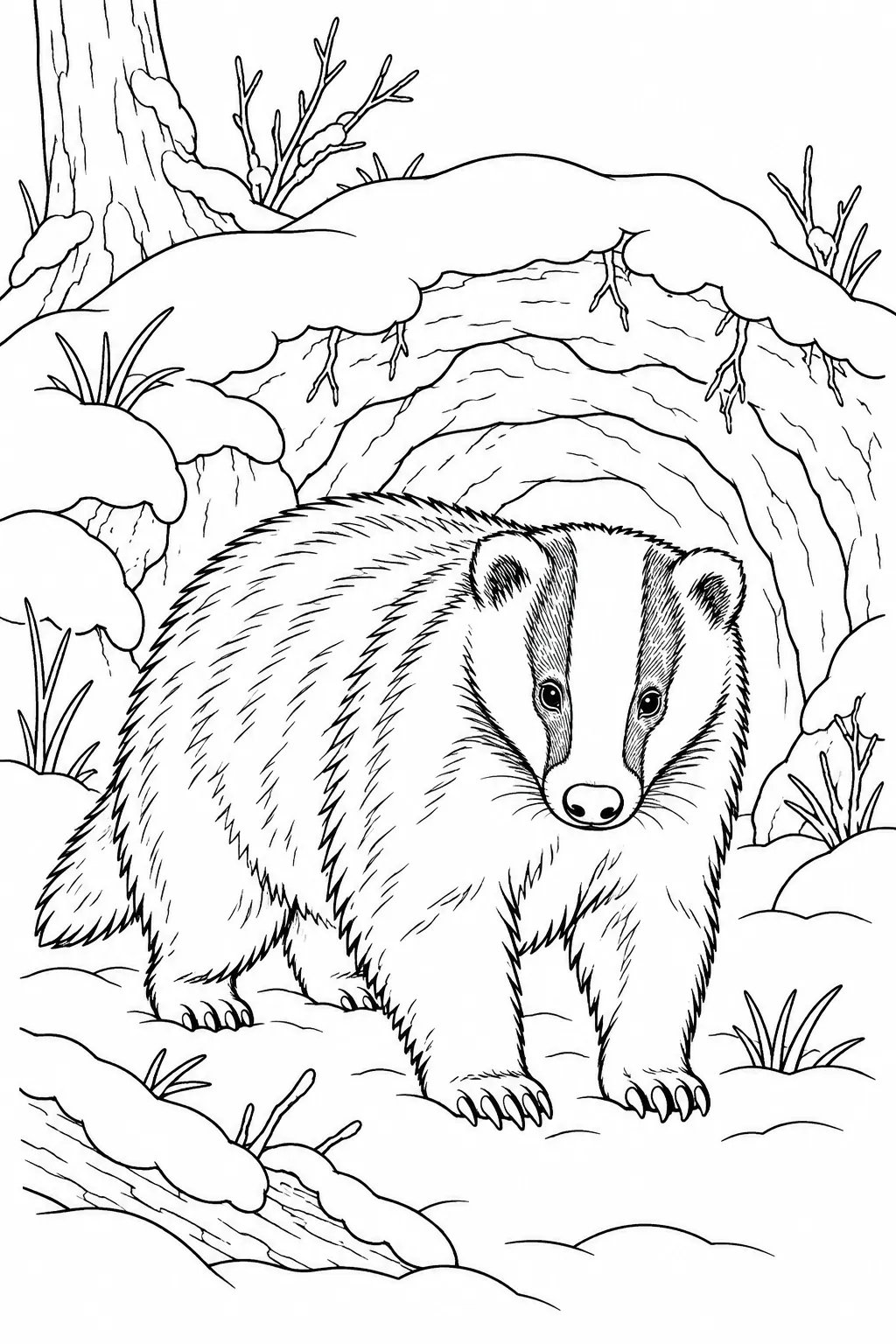 Badger by Its Sett printable winter animal coloring page