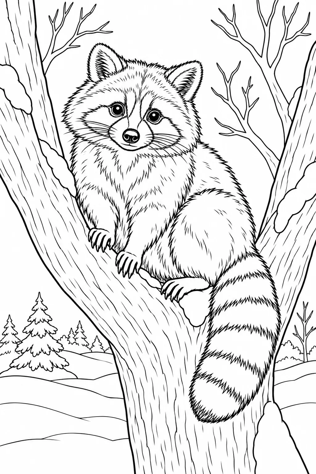 Raccoon in a Winter Tree printable winter animal coloring page