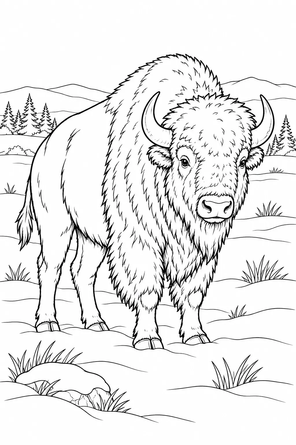 Bison on a Snowy Plain printable winter animal coloring page
