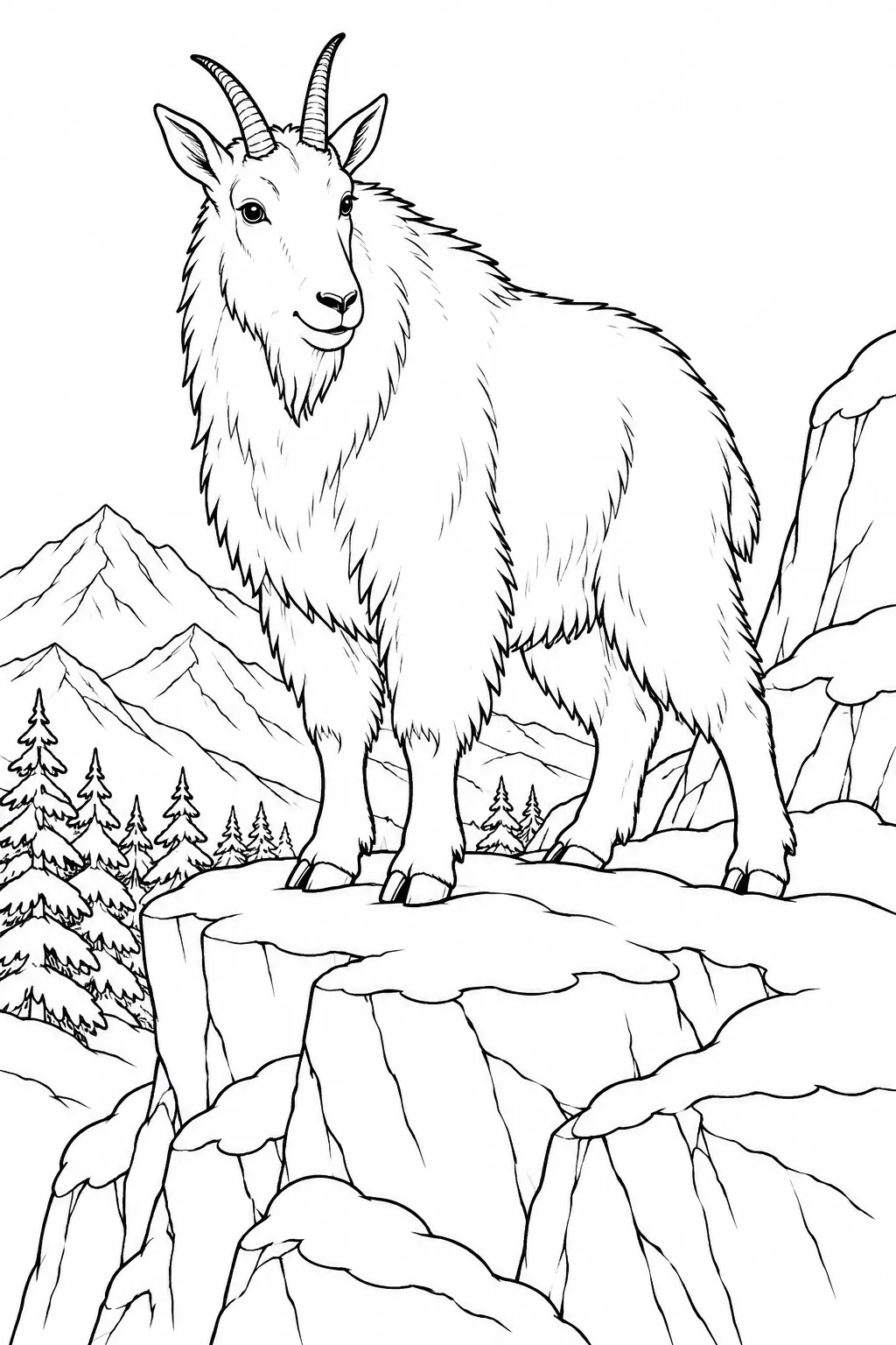 Mountain Goat on a Rocky Ledge printable winter animal coloring page
