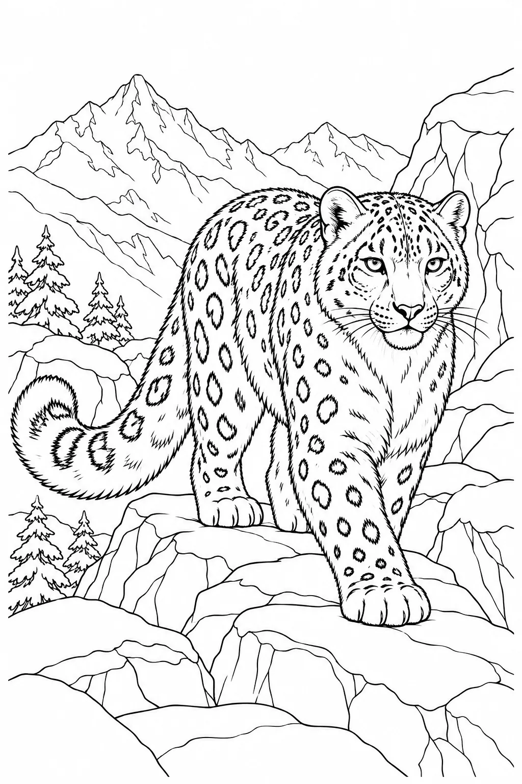 Snow Leopard Among Rocks printable winter animal coloring page