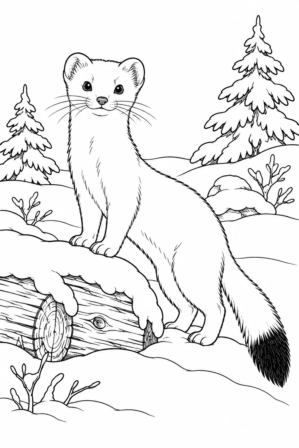 Ermine Beside a Snowy Log printable winter animal coloring page