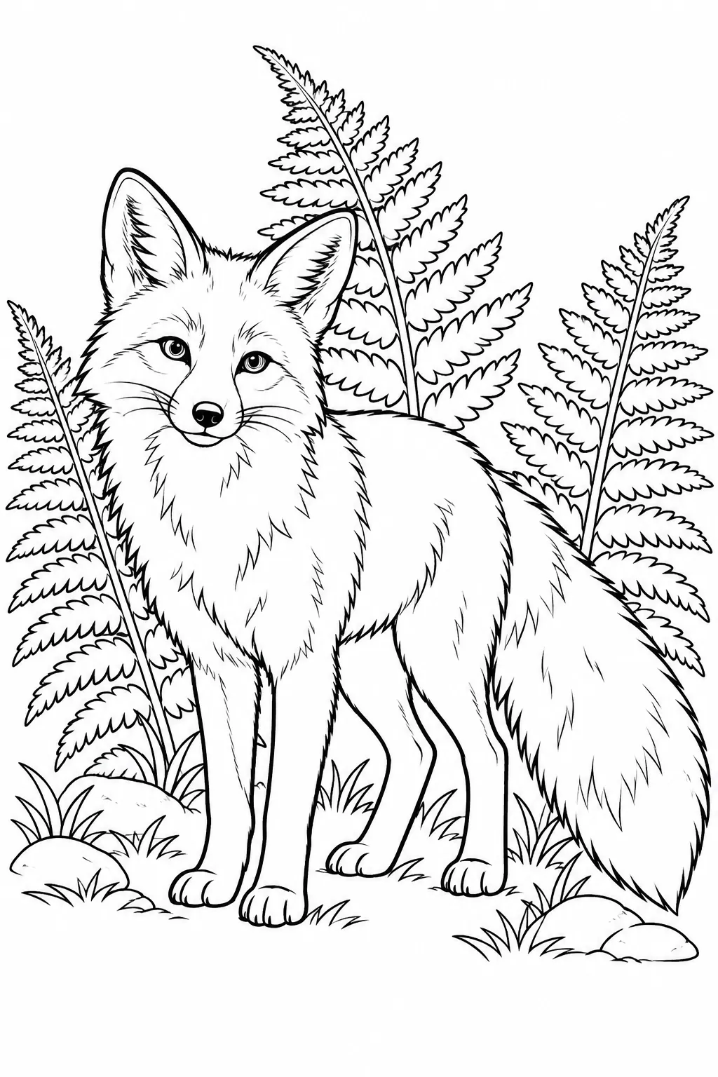 Red Fox Among Ferns printable woodland animal coloring page