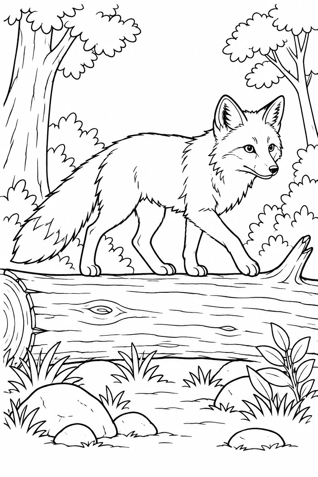 Fox Crossing a Fallen Log printable woodland animal coloring page