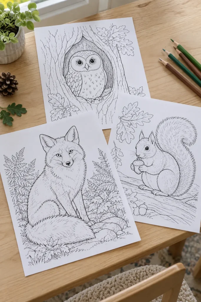 Woodland animal coloring sheets showing a fox squirrel and owl on a craft table