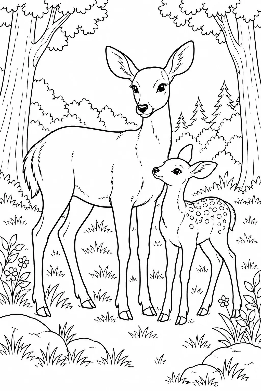 Doe and Fawn in a Glade printable woodland animal coloring page
