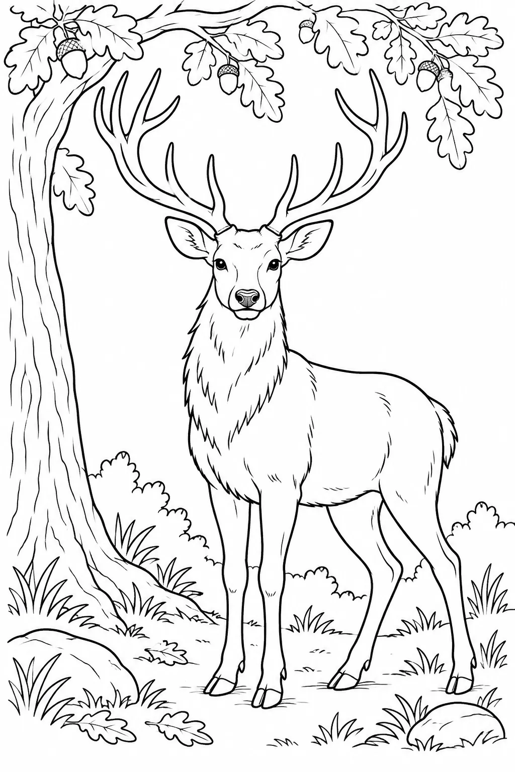 Stag Beneath Oak Branches printable woodland animal coloring page