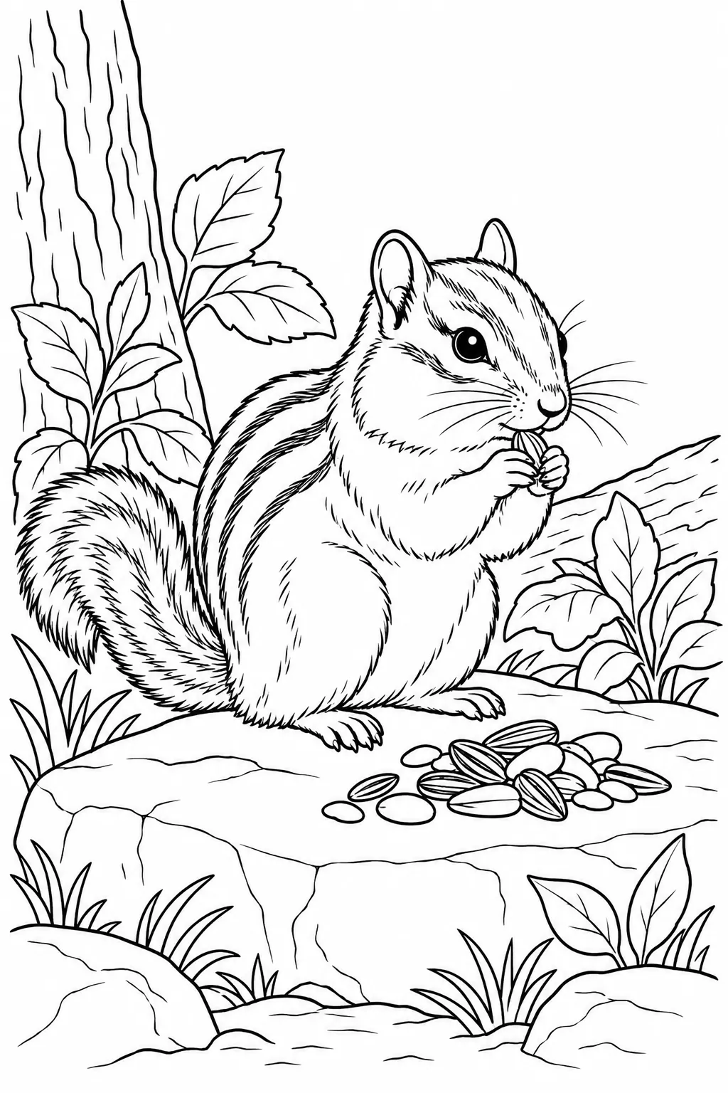 Chipmunk with Seeds printable woodland animal coloring page
