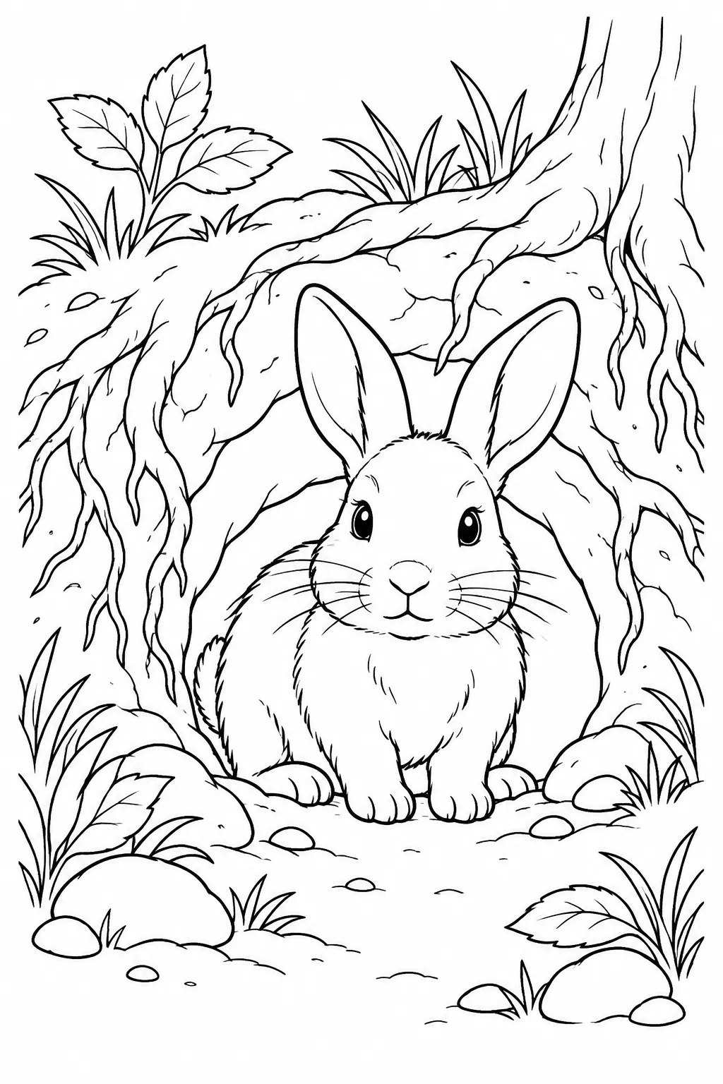 Rabbit at a Woodland Burrow printable woodland animal coloring page