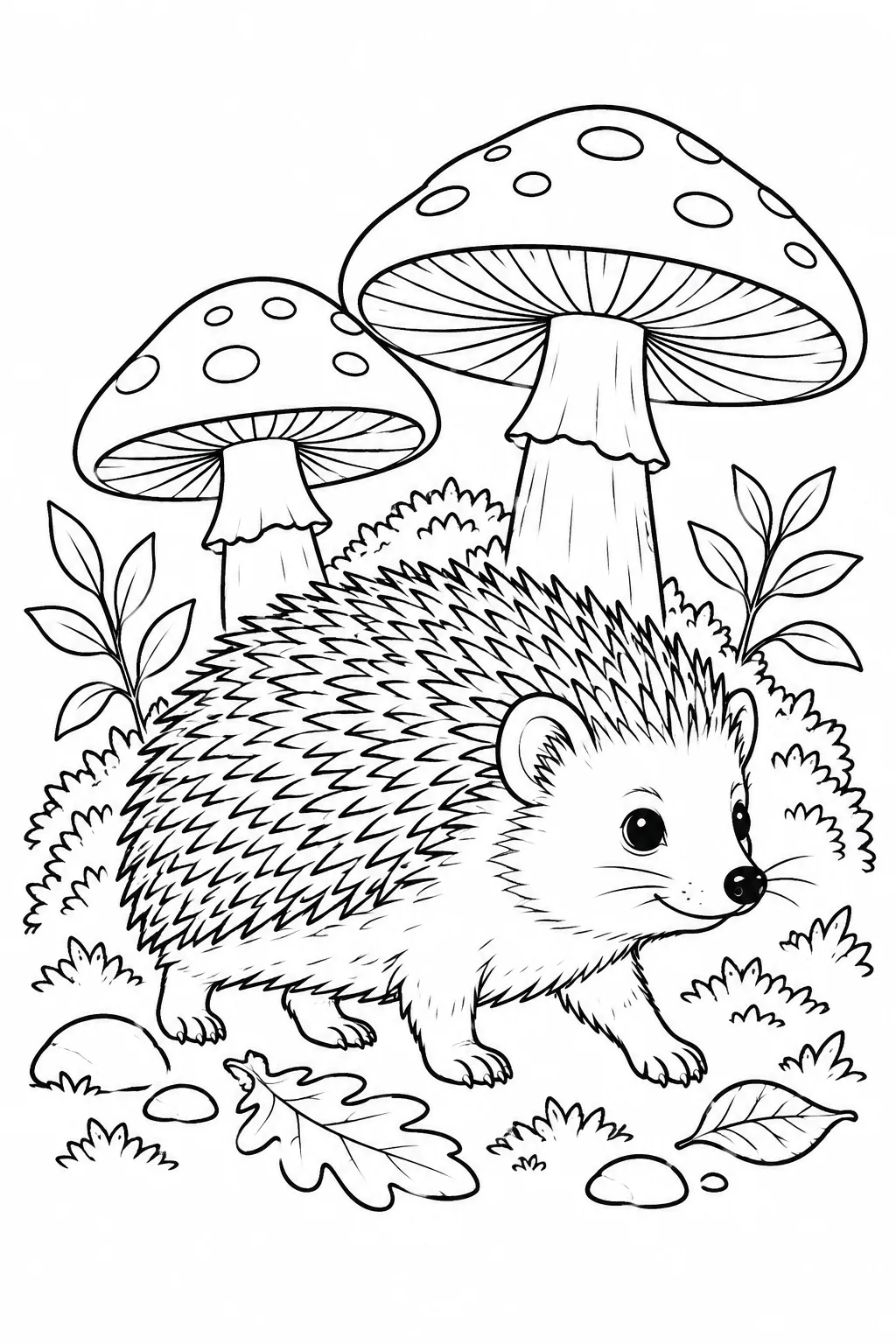Hedgehog Beside Mushrooms printable woodland animal coloring page