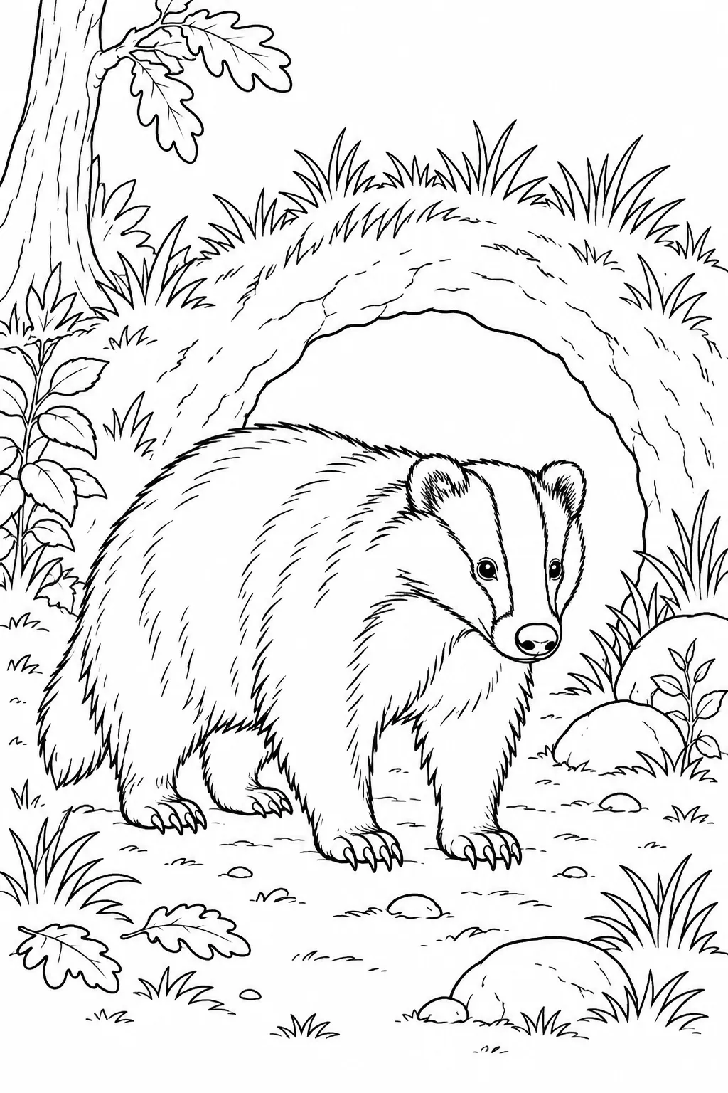 Badger Outside Its Sett printable woodland animal coloring page