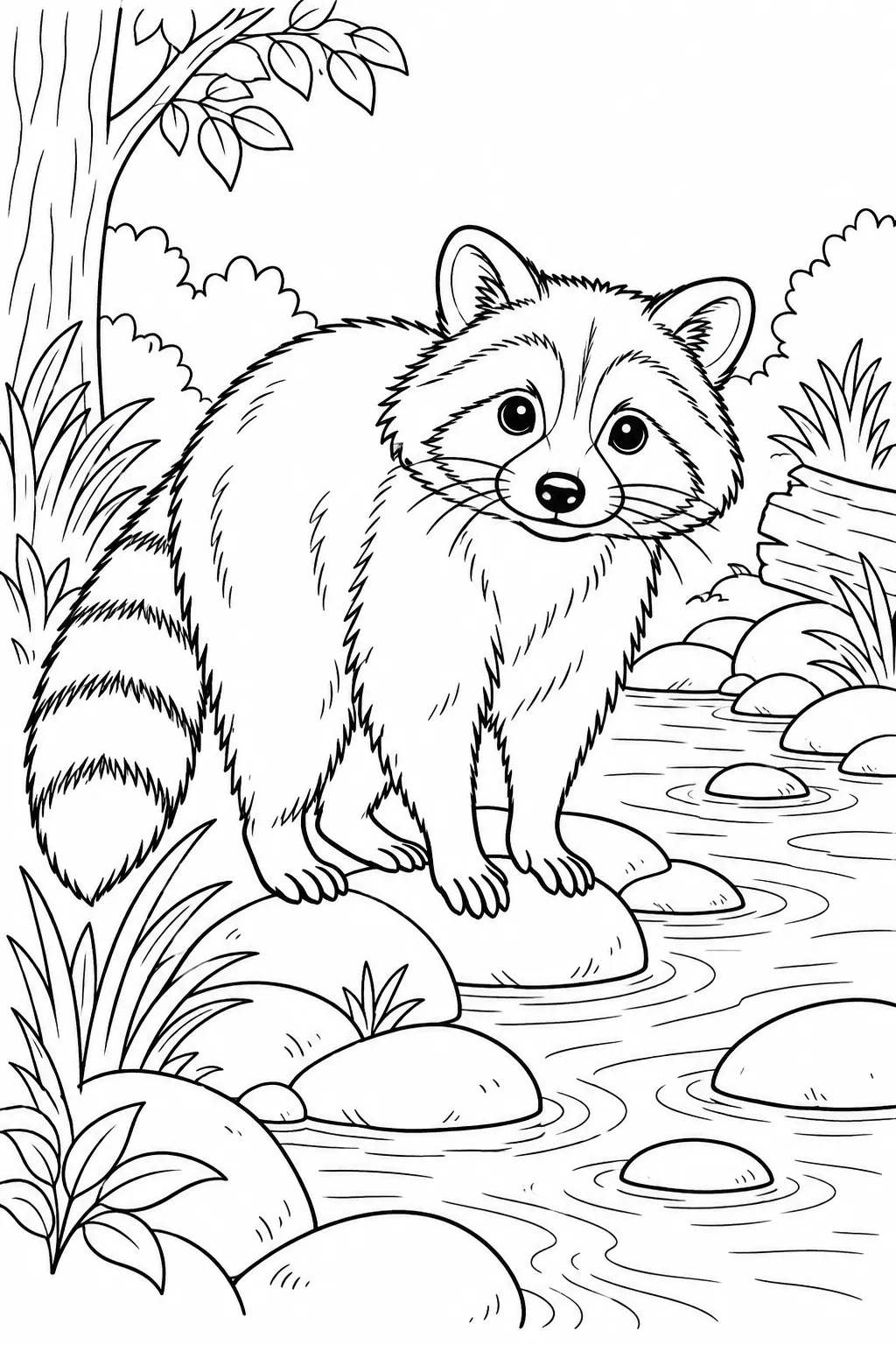 Raccoon at the Stream printable woodland animal coloring page